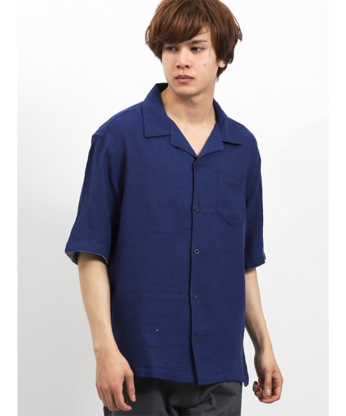 semanticdesign(セマンティックデザイン)/フレンチリネン混パナマ オープンカラー半袖シャツ/ブルー