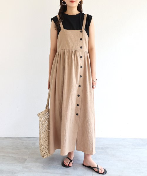 セール リネンタッチ前ボタンジャンパースカートワンピース アンドミー And Me Magaseek