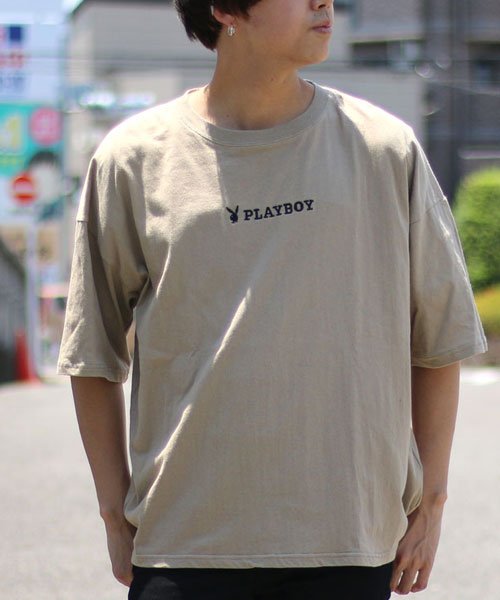 MARUKAWA(マルカワ)/【PLAYBOY】プレイボーイ ビッグシルエット ロゴ刺繍 半袖Tシャツ/ベージュ