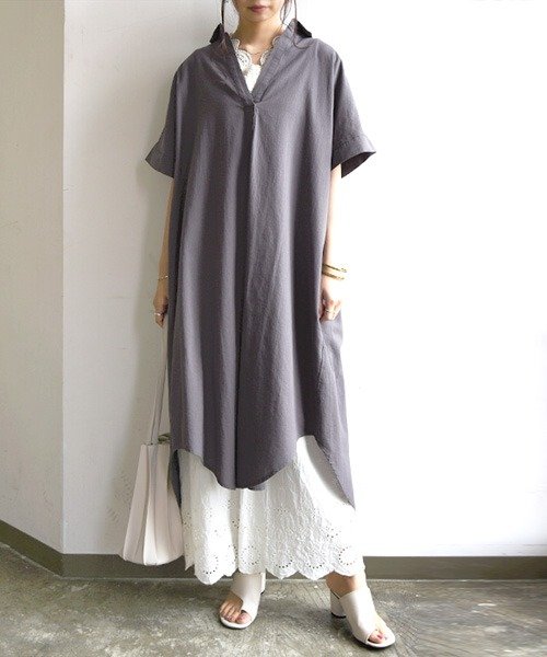 セール 選べる2type スキッパー ベーシックロングシャツワンピース M L レディース ワンピース 春夏秋 オフ カーキ チャコール ブラック ワンピ シャツ シ アンドイット And It Magaseek