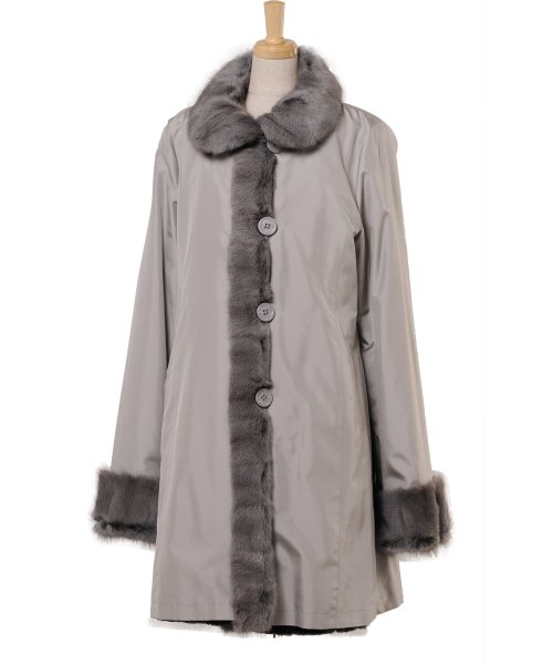 シルク 100％ ＆ ウィーゼル ウィーゼル リバーシブル コート ロシアン リス トリミング 着丈90cm ウィーゼル 前立て 両面にあり