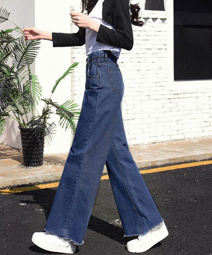 セール デニムパンツ ハイウエスト ワイドパンツ ゴム レディース