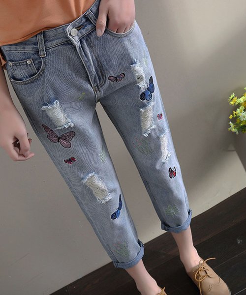 セール デニムパンツ クロップ丈 レディース ストレートズボン 着 せ ジーパン 美脚 刺繍 即納 ミニミニストア Miniministore Magaseek