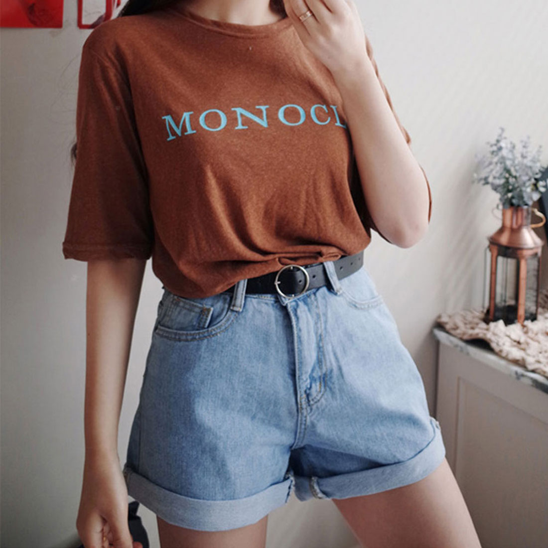 ハイウエスト デニムショートパンツ レディース 夏 ベルト付き ショーパン ロールアップ