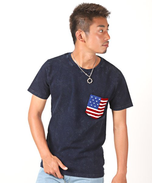 セール 15 Off 星条旗柄サガラ刺繍胸ポケット半袖tシャツ Tシャツ メンズ 半袖 ポケット 星条旗柄 デニム インディゴ ラグスタイル Luxstyle Magaseek