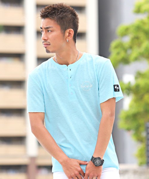 セール サークルロゴプリントカットオフヘンリーネック半袖tシャツ Tシャツ メンズ 半袖 ヘンリーネック スラブ ラグスタイル Luxstyle Magaseek