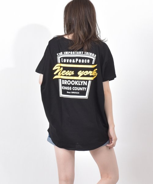 felt maglietta(フェルトマリエッタ)/バックプリントロゴロング丈Tシャツ/ブラック系1