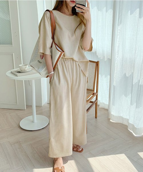 セール 10 Off Naning9 ナンニング リネン混紡パンツセットアップ セットアップ パンツ リネン Tシャツ ウエストゴム トップス ナンニング Naning9 Magaseek