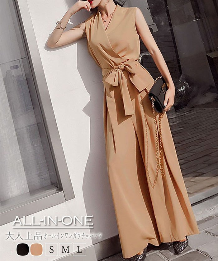 セール ジャンプスーツ レディース Vネック オールインワン ウエストマーク 春夏 きれいめ ガウチョパンツ ロング 即納 ミニミニストア Miniministore Magaseek