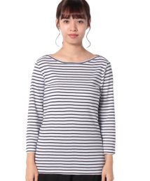 BENETTON (women)(ベネトン（レディース）)/袖ロゴ刺繍ボーダーボートネック7分袖Tシャツ・カットソー/ホワイト