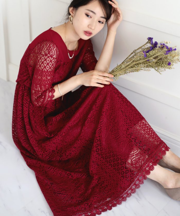 19aw新作 シフォン レース切り替えロングワンピース ブージュルード Bou Jeloud Magaseek