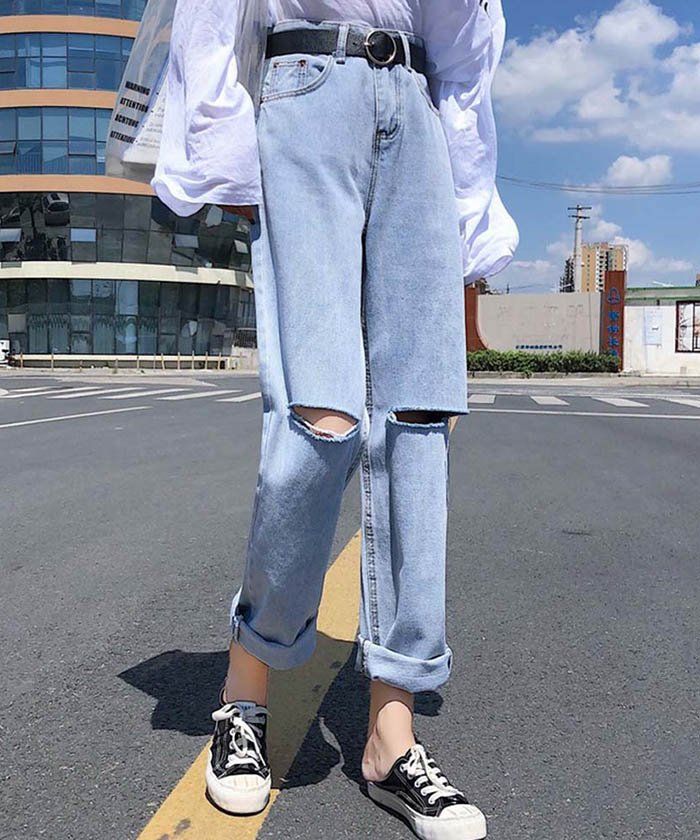 セール Off ダメージ デニムパンツ レディース ボーイフレンド デニム ハイウエスト パンツ ミニミニストア Miniministore Magaseek