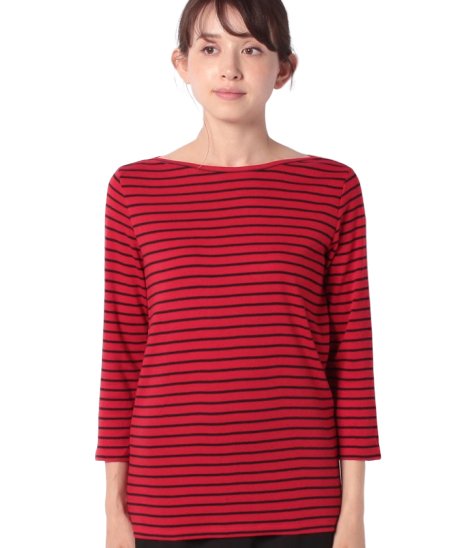 BENETTON (women)(ベネトン（レディース）)/袖ロゴ刺繍ボーダーボートネック7分袖Tシャツ・カットソー/レッド