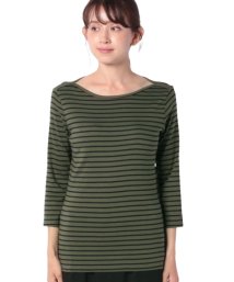 BENETTON (women)(ベネトン（レディース）)/袖ロゴ刺繍ボーダーボートネック7分袖Tシャツ・カットソー/カーキ