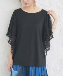 osharewalker(オシャレウォーカー)/『レース×シフォン変形フレア袖Tシャツ』/ブラック