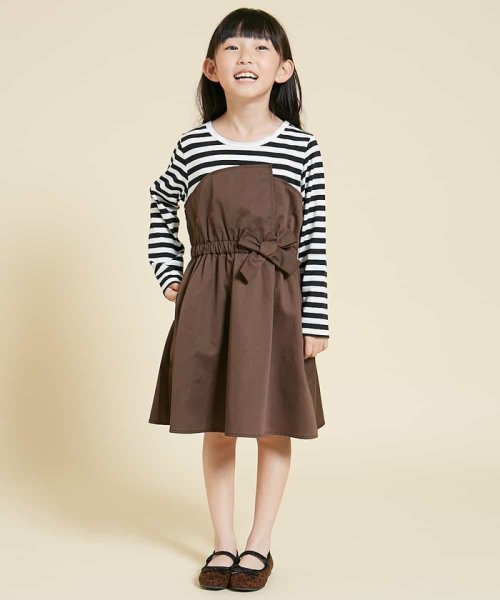 a.v.v(KID'S)(アー・ヴェ・ヴェキッズ)/[100－130]フロントアシメボーダードッキングワンピース[WEB限定サイズ]/ブラウン