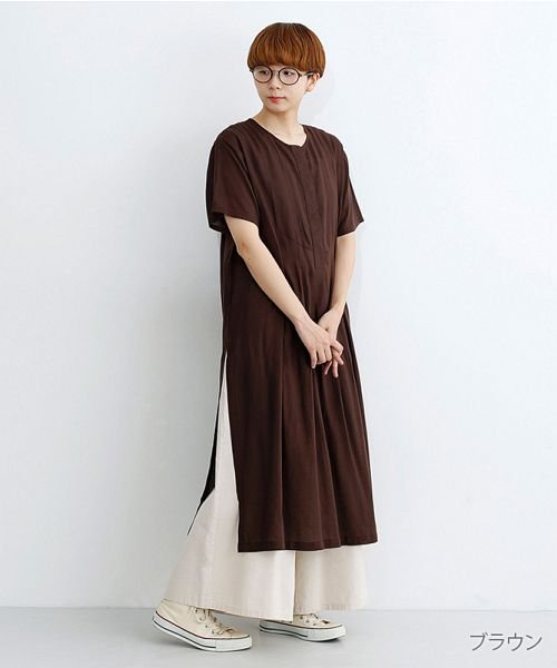 セール リネンレーヨンフロントタックロングスリットワンピース