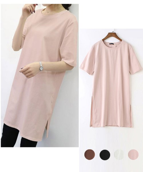 セール ロングtシャツ レディース 半袖 Tシャツワンピ スリット チュニックワンピ 無地 即納 ミニミニストア Miniministore Magaseek