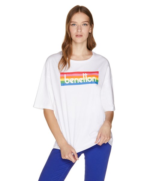 セール レインボーブランドロゴtシャツ カットソー ベネトン レディース Benetton Women Magaseek