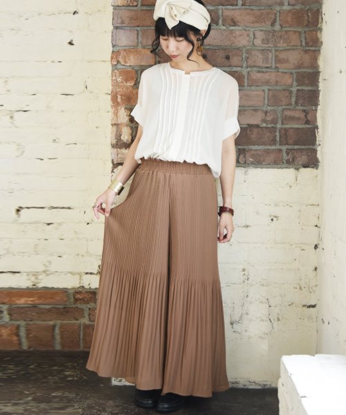 シフォンジョーゼットケシプリーツパンツ M L レディース 春夏秋 パンツ モカベージュ ブラウン パープル ブラック ボトムス プリーツ ワイド 楽ちん アンドイット And It Magaseek