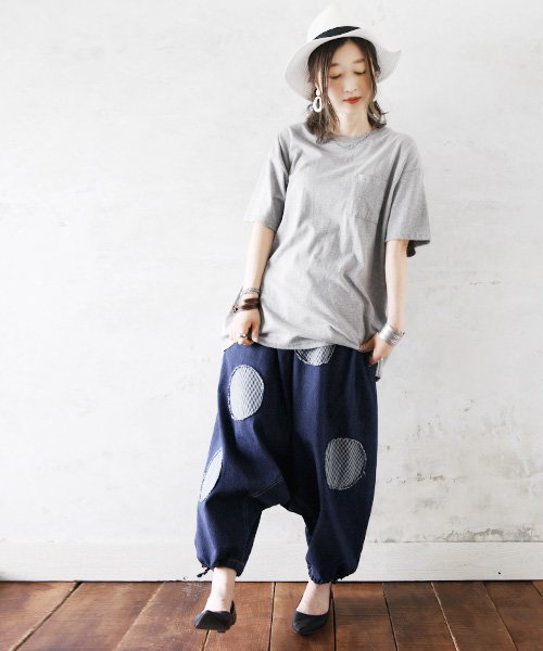 セール Bigドットゆるまたサルエルデニムパンツ F レディース 春夏秋冬 ボトムス ネイビー ヒッコリー デニム ドット 10オンス 綿100 コットン100 お アンドイット And It Magaseek