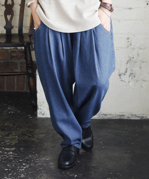 セール ヨーク切替タックデニムサルエルパンツ F レディース 春夏秋冬 パンツ 綿 ブルー インディゴ デニム サルエル ルーズ ラフ カジュアル タック ゆったり リ アンドイット And It Magaseek