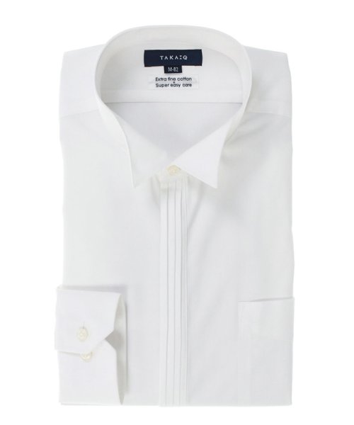 TAKA-Q(タカキュー)/綿100%80双 形態安定レギュラーフィット ピンタックウィングカラー長袖ビジネスドレスシャツワイシャツ/ホワイト
