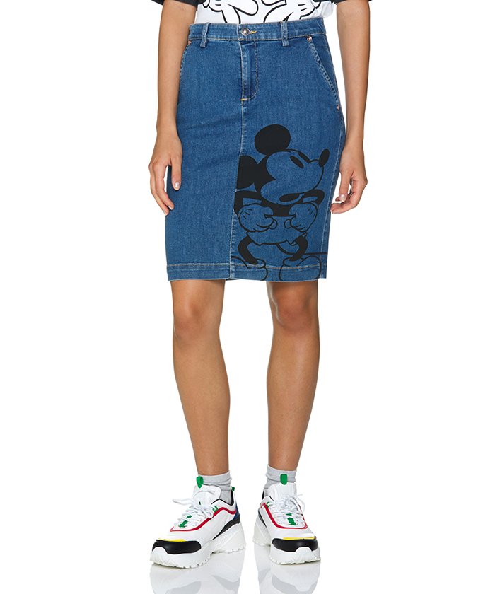 セール Disney ディズニー コラボ ミッキーマウスプリント膝丈デニムスカート ベネトン レディース Benetton Women Magaseek