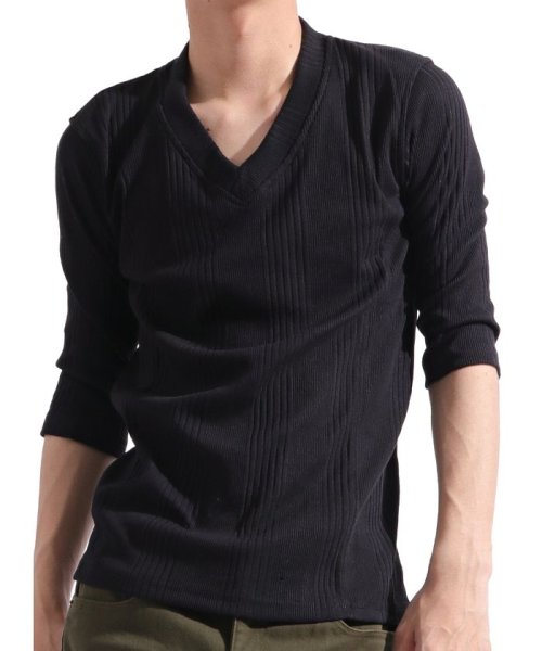 Valletta ランダムテレコvネック7分袖カットソー 61 Y061 サーマル ｔシャツ 七分袖 7分袖 テレコ カットソー 無地 ストレ バレッタ Valletta Magaseek