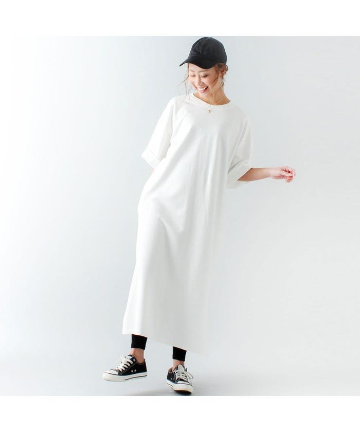 セール ジュノア Junoah 綿100 ロング丈スウェットワンピース ゆったり リラックス 無地 コットン シンプル マキシ丈 半袖 ポケット スリット ビッグサ ジュノア Junoah Magaseek