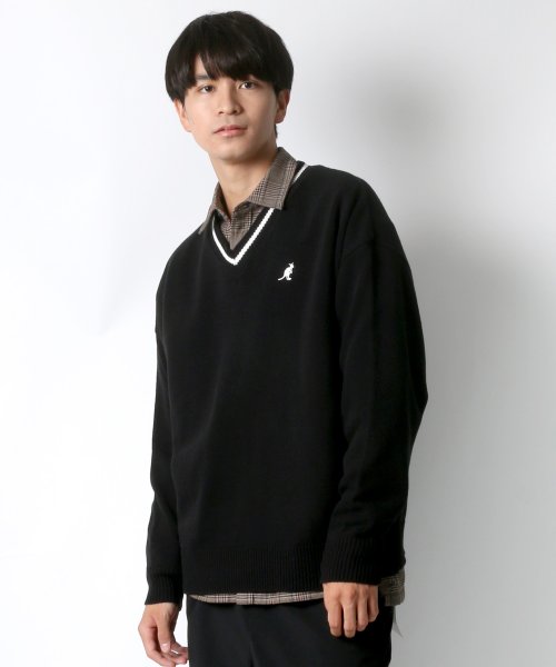 LAZAR(ラザル)/【Lazar】【19AW】新作 KANGOL/カンゴール ビッグシルエット チルデンニット Vネック衿リブラインセーター/ブラック