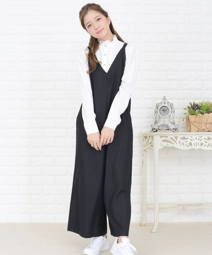 Vネックワイドパンツサロペット オールインワン パンツ レースレディース Lace Ladies Magaseek