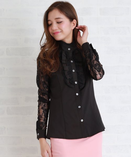 セール 袖レースデザイン立ち襟フリルブラウス シャツ レースレディース Lace Ladies Magaseek
