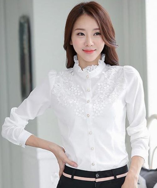 セール 胸元レース ラインストーンボタン 詰襟フリル長袖ブラウス シャツ レースレディース Lace Ladies Magaseek