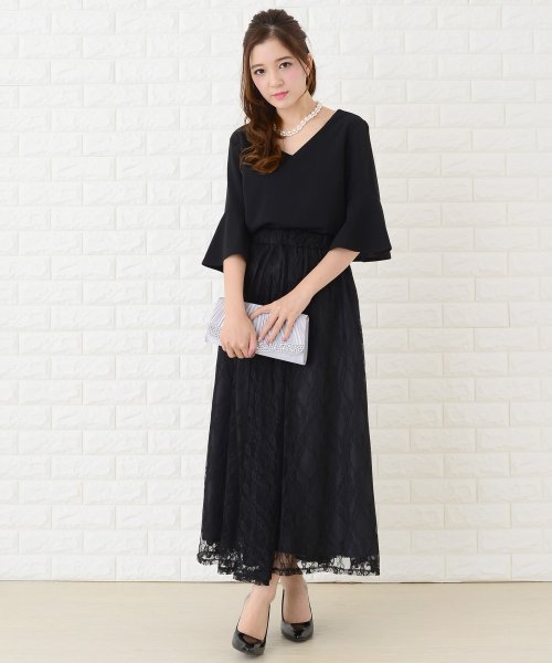 フレア袖レースロングスカートセットアップ パーティードレス レースレディース Lace Ladies Magaseek