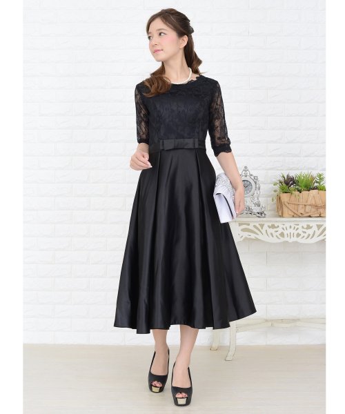 ウエストリボン付きサテン風aラインワンピース ドレス レースレディース Lace Ladies Magaseek