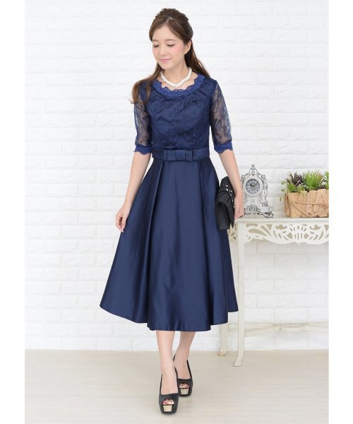 ウエストリボン付きサテン風aラインワンピース ドレス レースレディース Lace Ladies Magaseek