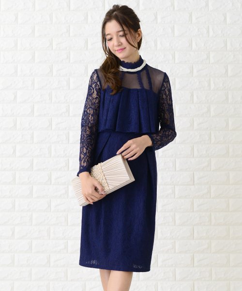 プリーツケープ付きハイウエストデザインワンピース ドレス レースレディース Lace Ladies Magaseek
