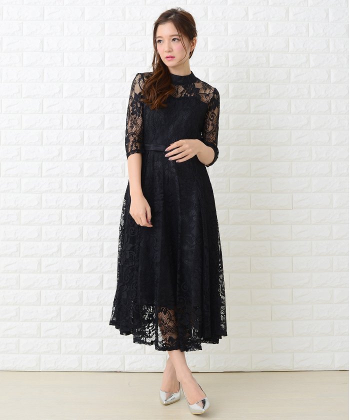ウエストリボン付きレース袖総レースワンピース ドレス レースレディース Lace Ladies Magaseek