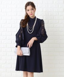 Lace Ladies(レースレディース)/レースバルーン袖ハイネックミモレ丈ワンピース・ドレス/ネイビー