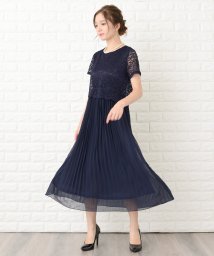 Lace Ladies(レースレディース)/セットアップ風レース半袖×プリーツロングスカート フォーマルワンピース・ドレス/ネイビー