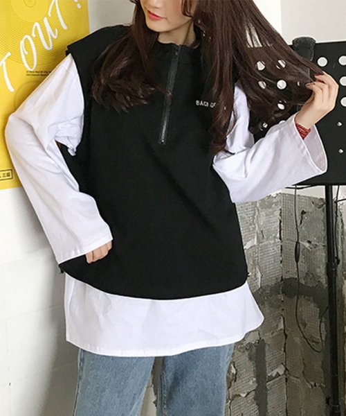 miniministore(ミニミニストア)/ｔシャツ ベスト 2点セット トップス レディース ゆったり 重ね着セット ｔシャツ 長袖/ブラック