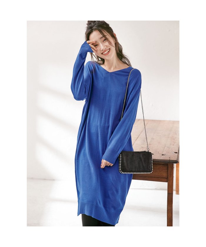 セール ベルーナ Belluna カシミヤタッチロング丈ニットワンピース ブルー ベルーナ Belluna Magaseek