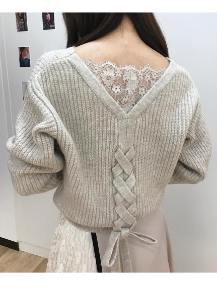バックレースリボンニット