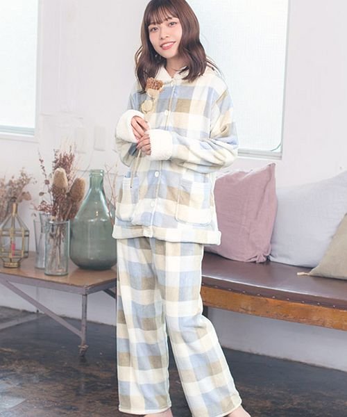 Dita ふわもこソフトマイクロファイバー前開きチェックルームウェア 上下セット ディータ Dita Magaseek