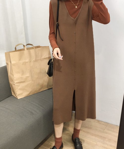 セール 28 Off ベストワンピース レディース 重ね着 ニットワンピース ノースリーブワンピース 前ボタン付き ゆったり ミニミニストア Miniministore Magaseek