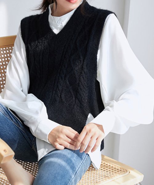セール ケーブルニット ベスト レディース ニット トップス Vネック ノースリーブ 秋冬 ミニミニストア Miniministore Magaseek