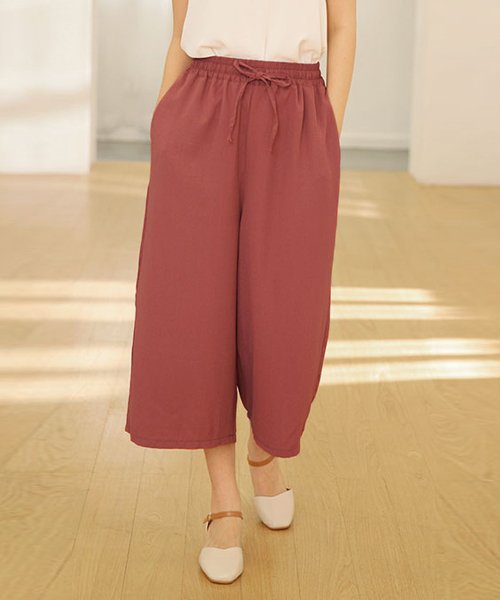 ガウチョ レディース 夏 無地 麻 麻混 ロング丈 ゴムウエスト ワイドパンツ スカーチョ リボン ポケット付き 全7色 ドゥーベル Doux Belle Magaseek