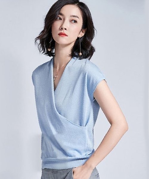 サマーセーター サマーニット レディース 夏 ニット ラメ入り Vネック 半袖 薄手 Tシャツ 上品 セクシー きらめく ピカピカ カラフル リブ ゆったり ブ ドゥーベル Doux Belle Magaseek