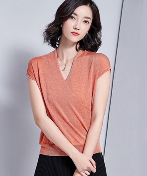 サマーセーター サマーニット レディース 夏 ニット ラメ入り Vネック 半袖 薄手 Tシャツ 上品 セクシー きらめく ピカピカ カラフル リブ ゆったり ブ ドゥーベル Doux Belle Magaseek